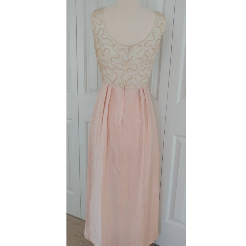 Vintage 1960s Ivory & Blush Sequin Bow Column Dress Satin XS 2 4 - Picture 5 of 7